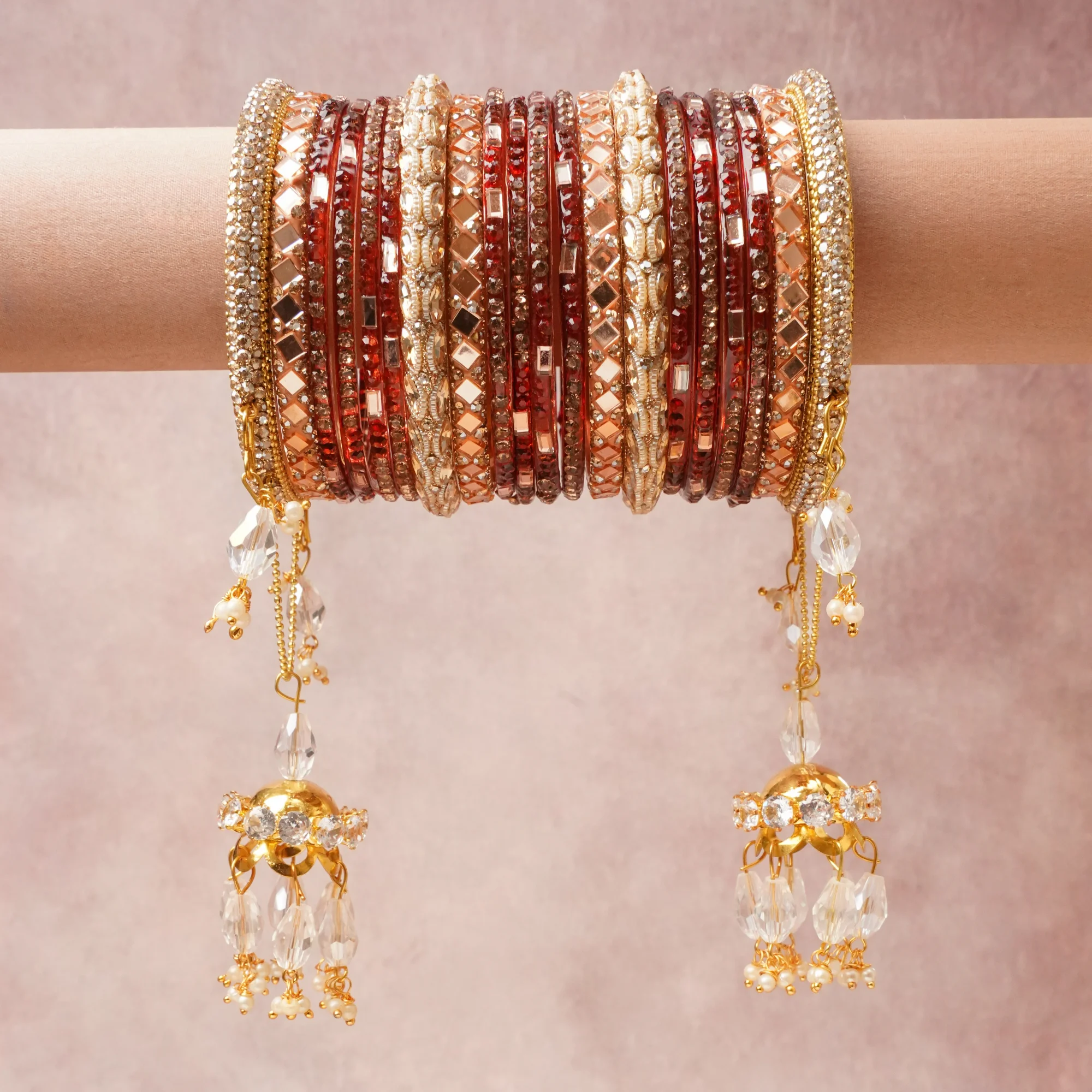 A commanding Deep Ruby Red anchors this beautiful set, enriched with accents of Clear Crystal, Pearlescent White, Silver Mirror that add depth and dimension.

Featuring a striking composition of Glass, Gold-toned Alloy, Rhinestone, Crystal, Mirror, Pearl, this set carries intricate craftsmanship and strong presence. Grand in form, it is created for moments that deserve to be marked.